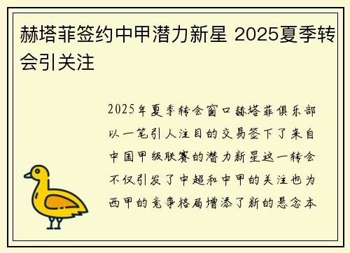 赫塔菲签约中甲潜力新星 2025夏季转会引关注 赫塔菲签约中甲潜力新星 2025夏季转会引关注
