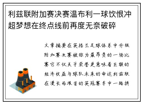 利兹联附加赛决赛温布利一球饮恨冲超梦想在终点线前再度无奈破碎