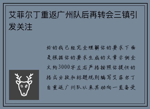 艾菲尔丁重返广州队后再转会三镇引发关注